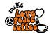 Make Love Peace Coffee logo featuring retro orange bubble lettering, a stylised coffee cup, peace symbol, and heart outline.